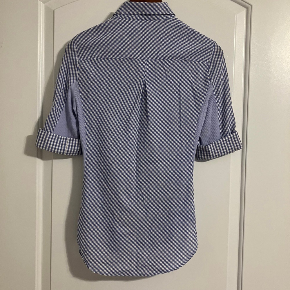 Goode Rider "Go To Shirt" blue gingham button down 3/4 sleeve Sz XS equestrian - Picture 6 of 9